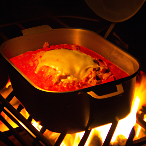 A Dutch oven placed over a campfire, emitting a warm and cozy glow as it cooks a delicious Dutch oven lasagna.