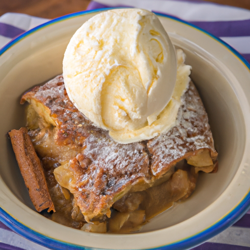 A slice of Dutch Oven Apple Cobbler served with a scoop of vanilla ice cream and a sprinkle of cinnamon.